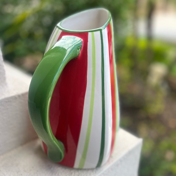 VGC Bella Casa by Ganz. Red Striped Pitcher, Green Handle Polka Dots 9" Holiday - Picture 5 of 10